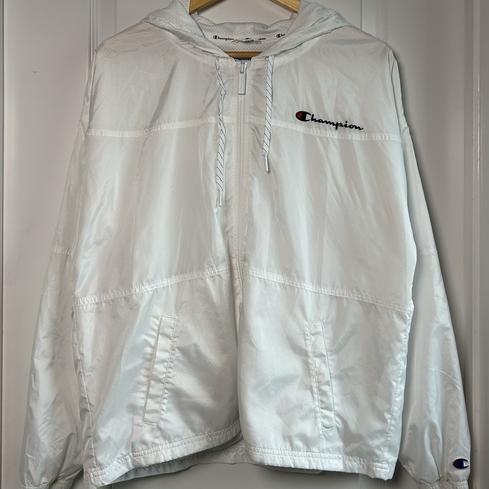 Champion Authentic Athleticwear White Rainbow Logo Hooded Windbreaker Jacket‎